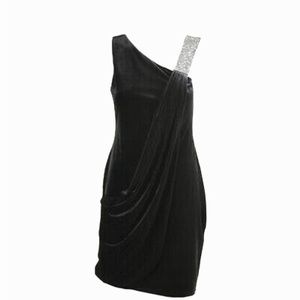 Betsy and Adams women’s draped dress with rhinestone shoulder. Navy blue